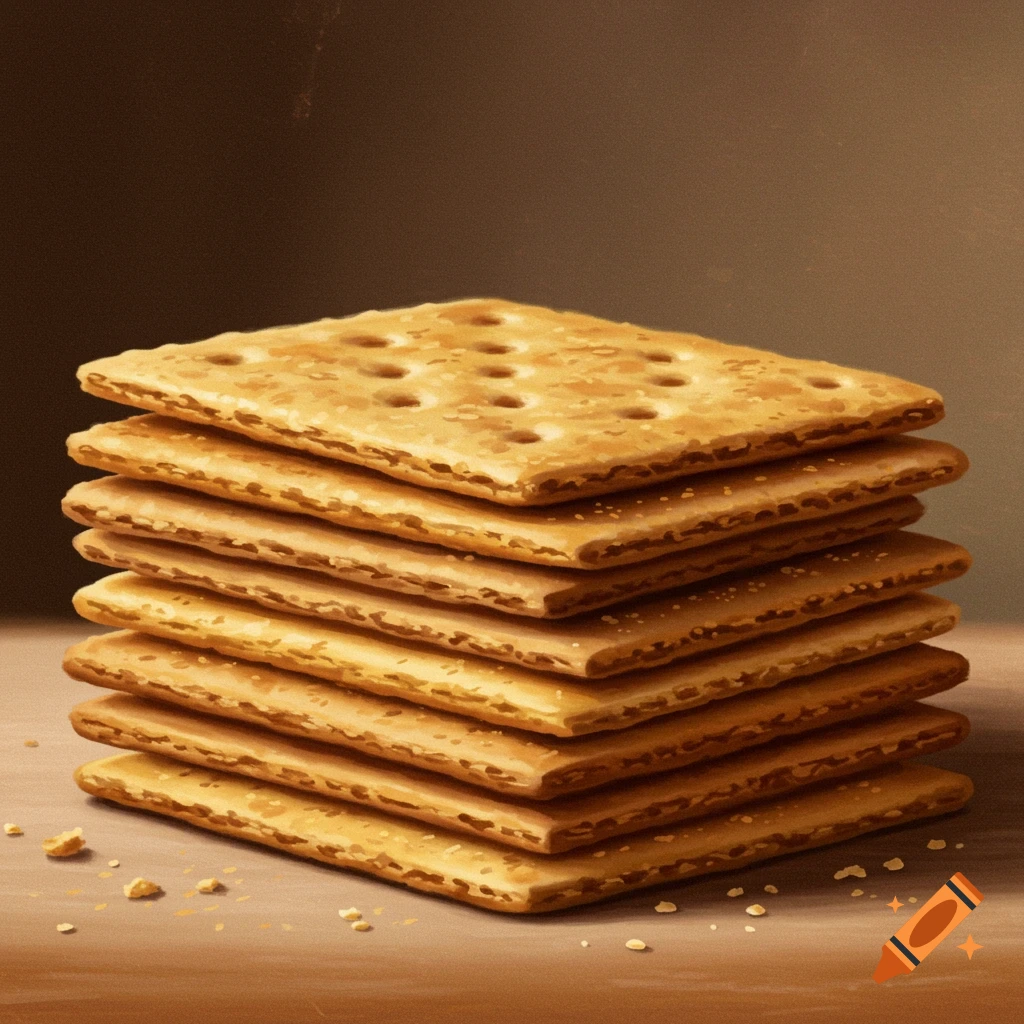 A stack of golden brown crackers with holes, resting on a light brown surface with crumbs, against a dark brown background. Photorealistic style.