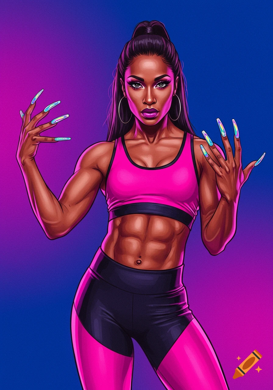 Stylized illustration of a muscular woman in a pink sports bra and black and pink leggings, striking a pose with long iridescent nails.