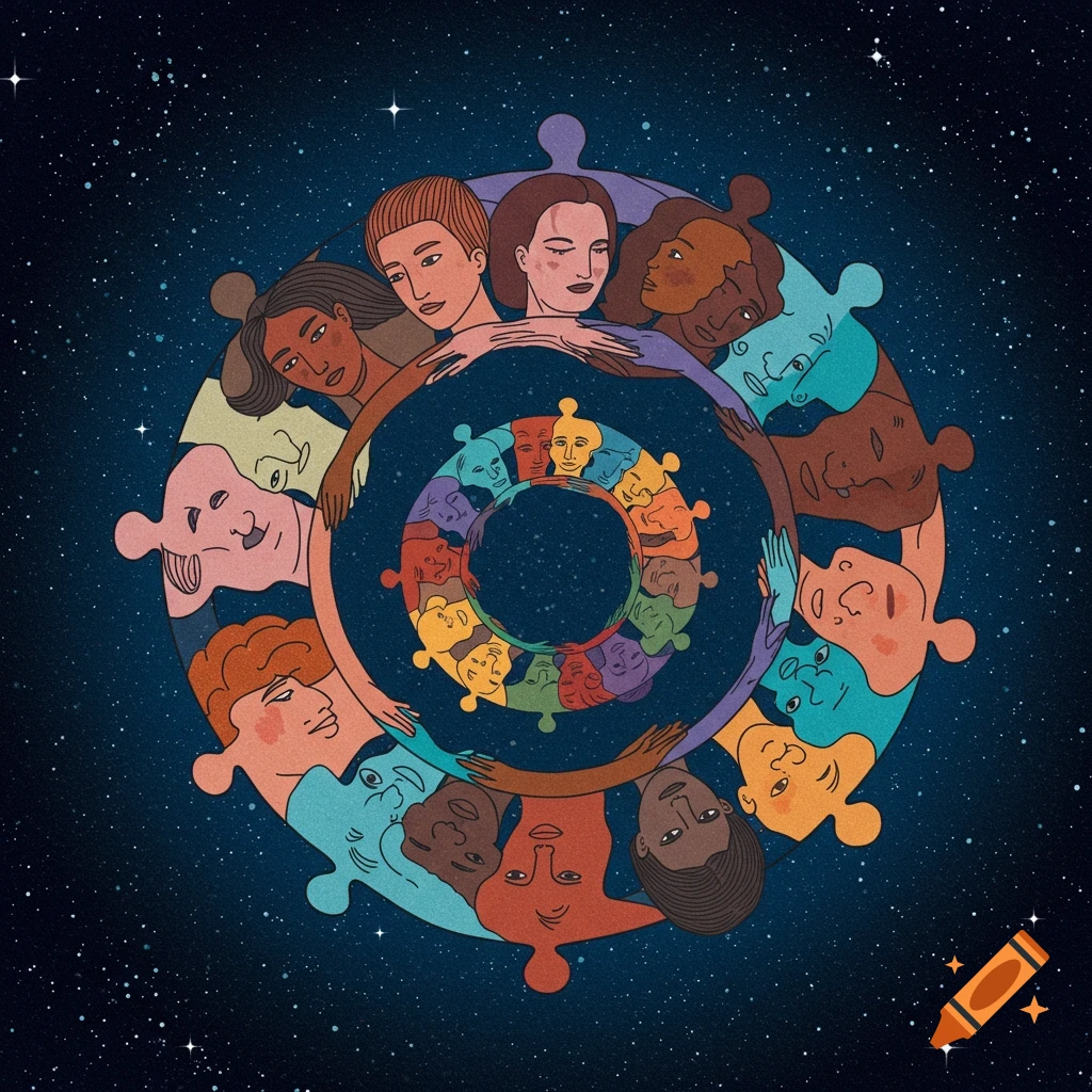 An illustration of diverse people as puzzle pieces forming concentric circles against a starry dark blue space background.