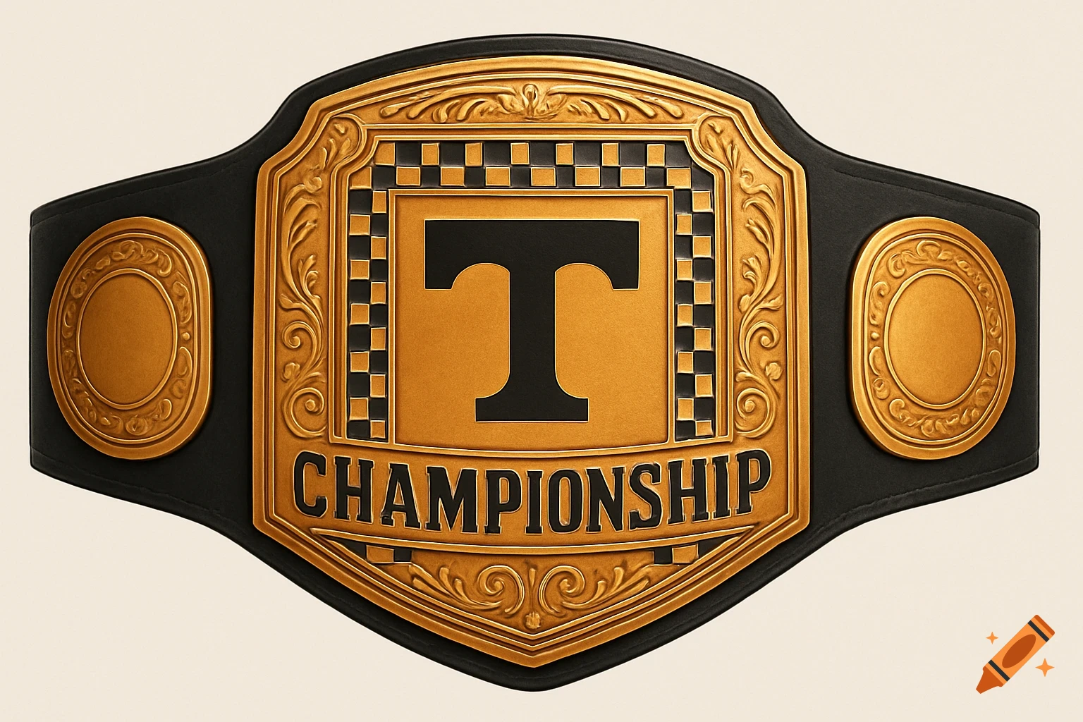 A black and gold championship belt with a large black 'T' logo in the center, bordered by a checkerboard pattern, and the word 'CHAMPIONSHIP' below it.