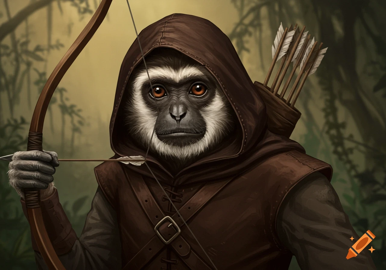 A white-cheeked gibbon in a brown hooded cloak holds a bow and arrow, ready to shoot, against a blurred forest background.