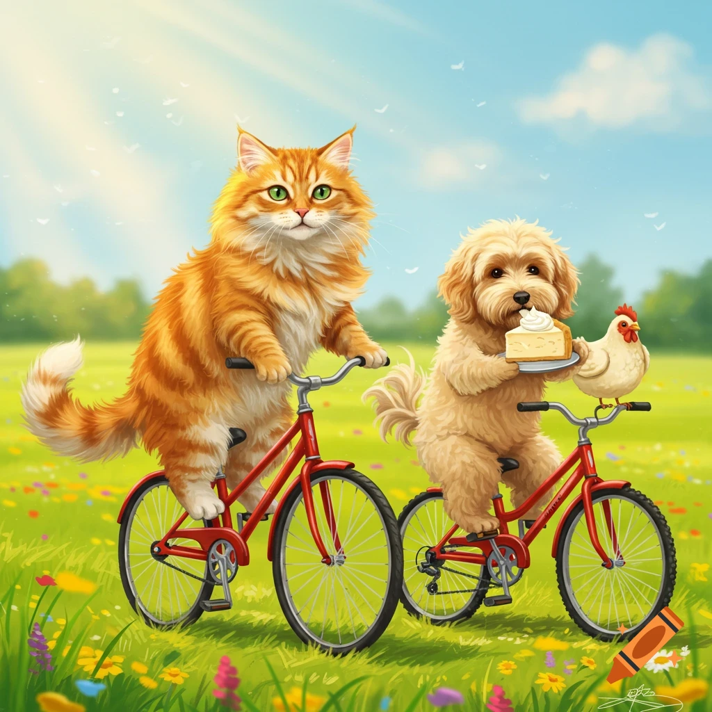 Whimsical illustration of an orange cat and a fluffy dog riding bicycles in a sunny field, with the dog holding cheesecake and a chicken.