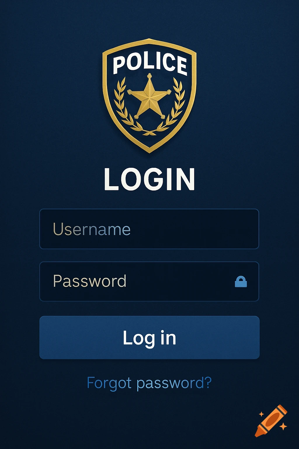 Digital illustration of a police login screen with a gold badge, username, password fields, and a log in button on a dark blue background.