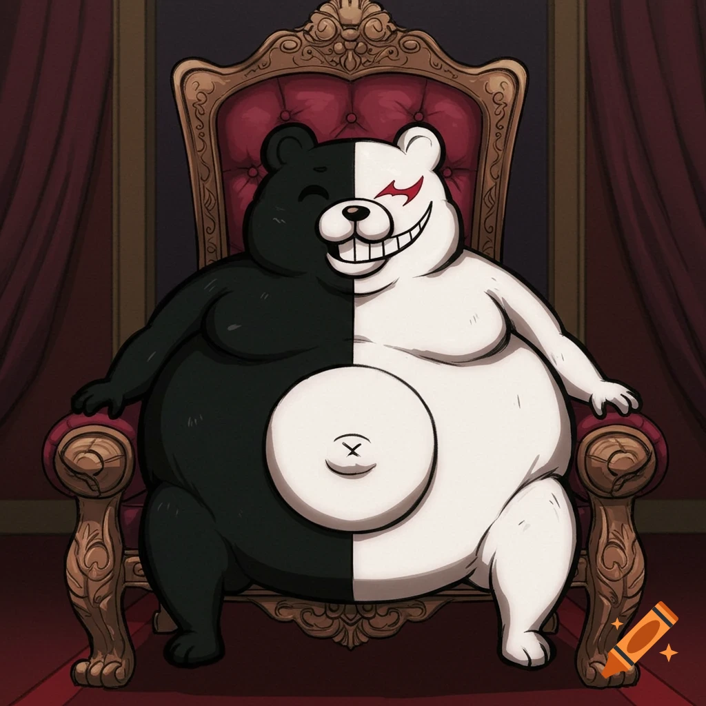 The black and white bear character Monokuma sits on a grand throne in the Danganronpa anime art style.