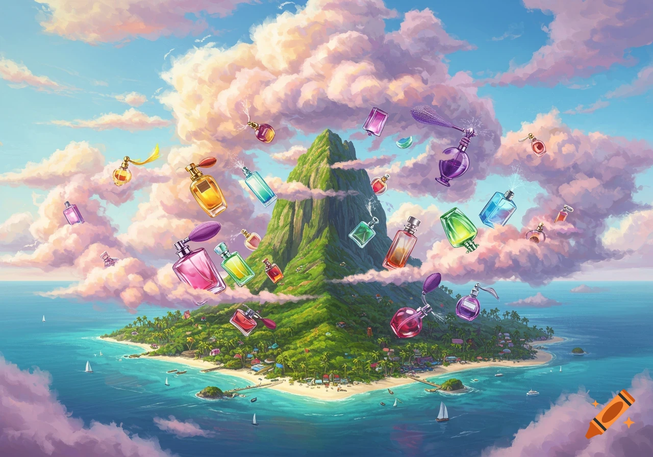 A vibrant illustration of a lush island with houses, surrounded by a teal ocean and pink clouds, with numerous colorful perfume bottles floating in the sky.