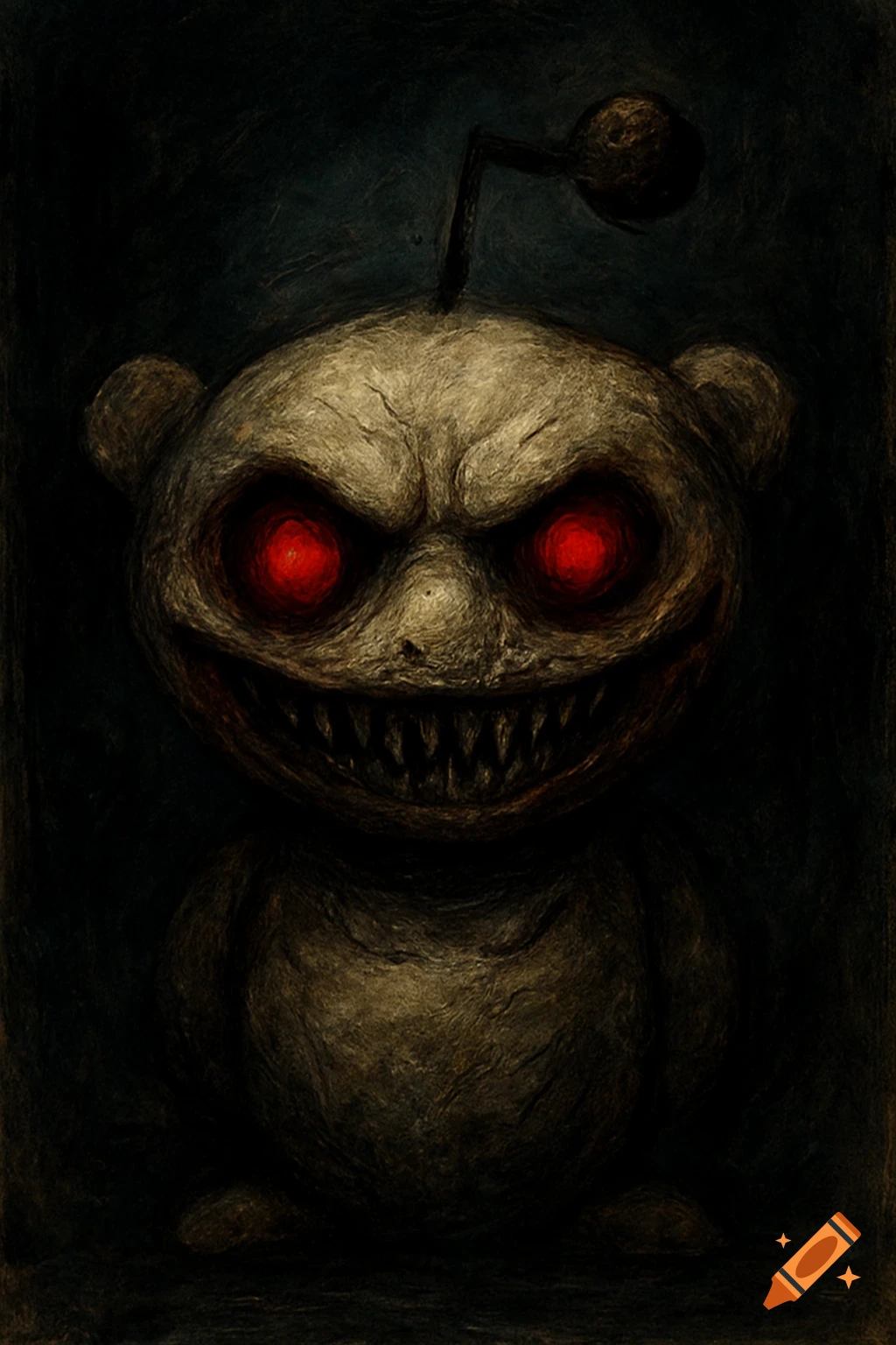 A dark, monstrous rendering of the Reddit Snoo mascot with glowing red eyes and sharp teeth, in a horror-themed digital art style.