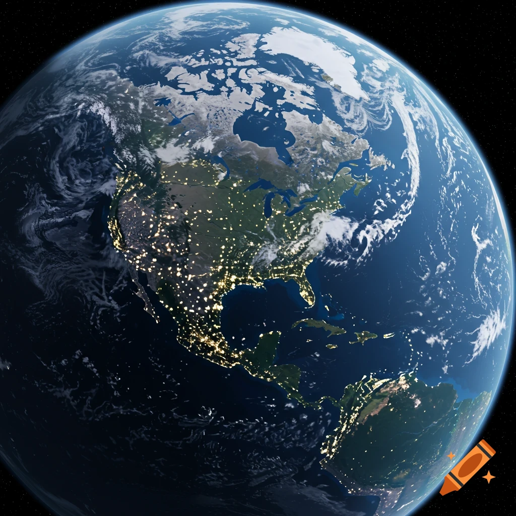 Photorealistic view of Earth from space, showing North America and city lights at night.