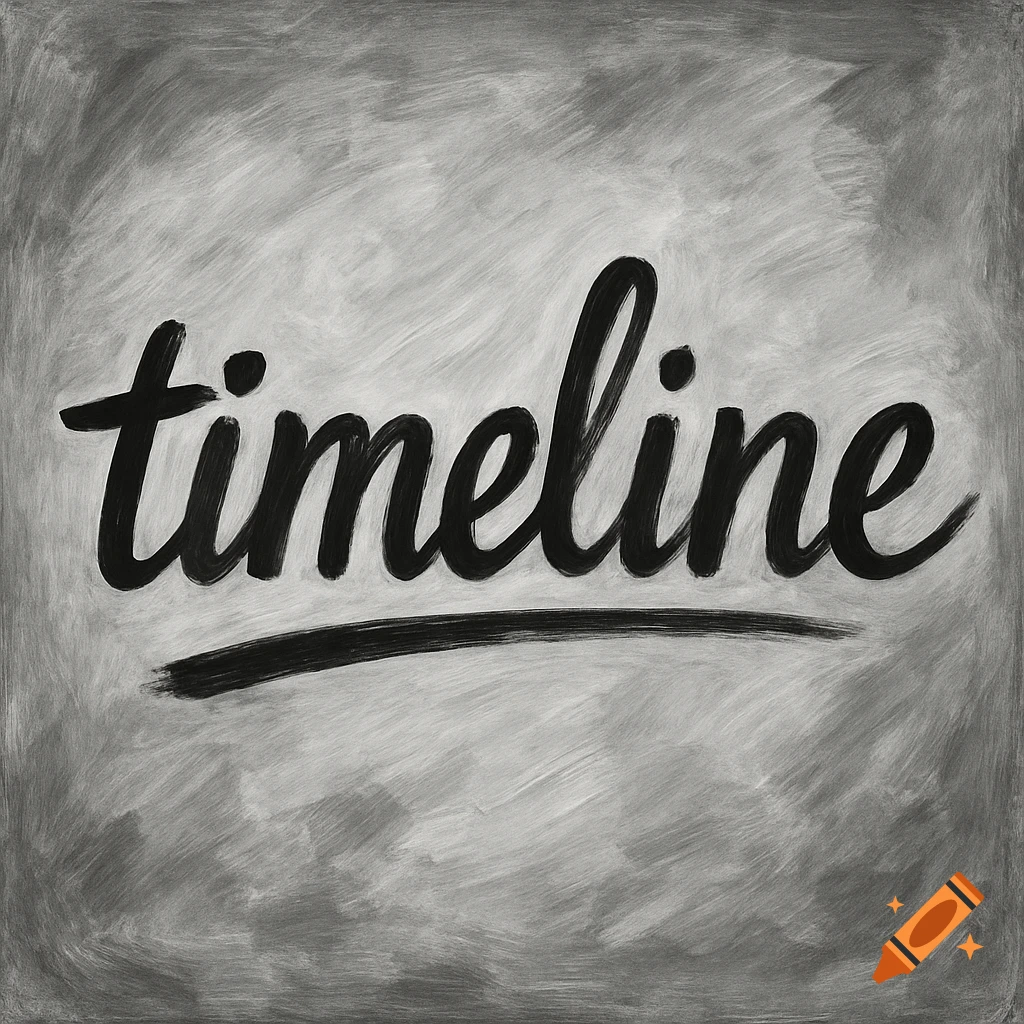 The word "timeline" written in a black, elegant script font, centered on a textured, gray and white brushstroke background.