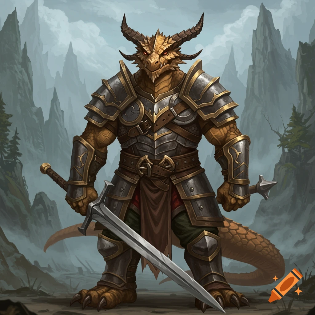 A heavily armored golden dragonborn warrior with glowing red eyes stands in a misty mountain landscape, holding a large sword.