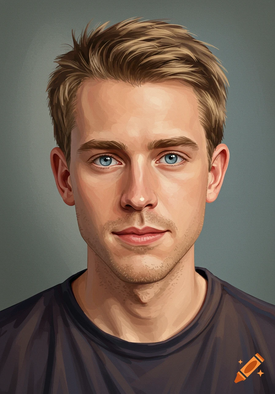 A digitally painted portrait of a young man with blue eyes and short blonde hair, wearing a dark t-shirt.