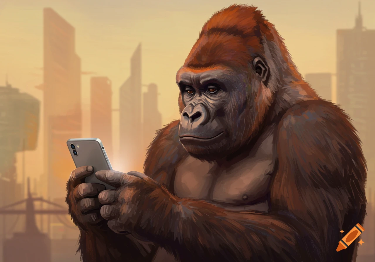 A gorilla intently holds and looks at a modern smartphone with a blurry cityscape in the background.