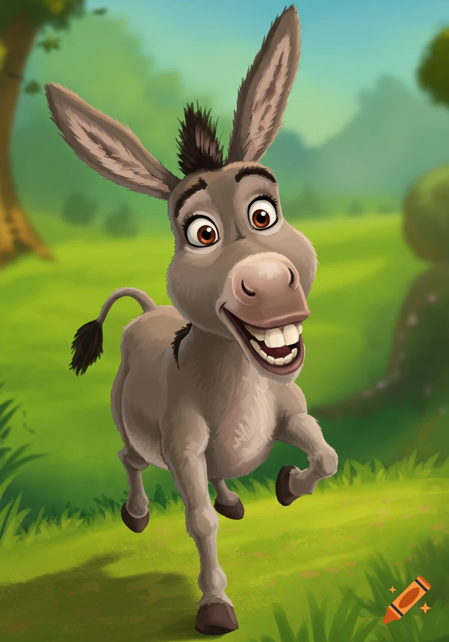 A cartoon donkey, resembling Donkey from Shrek, smiles broadly while running through a bright green field.