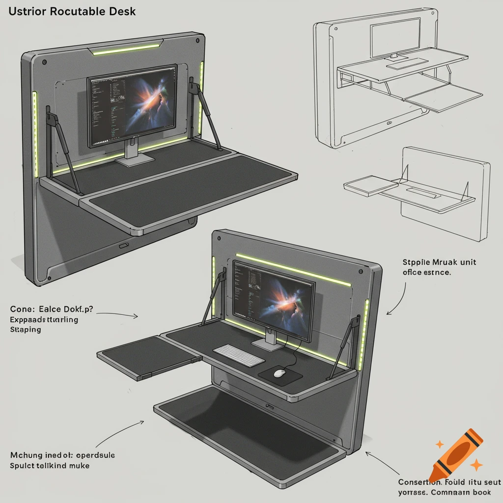 A detailed illustration of a futuristic, wall-mounted retractable desk with an L-shaped pull-out section, monitor, keyboard, mouse, and green LED lighting around the edges. Various text labels and an exploded view are also present.