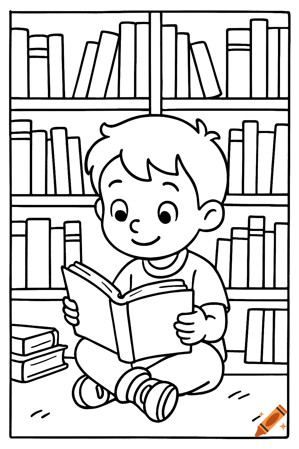 A simple black line art drawing of a young boy sitting on the floor, reading a book in front of bookshelves.
