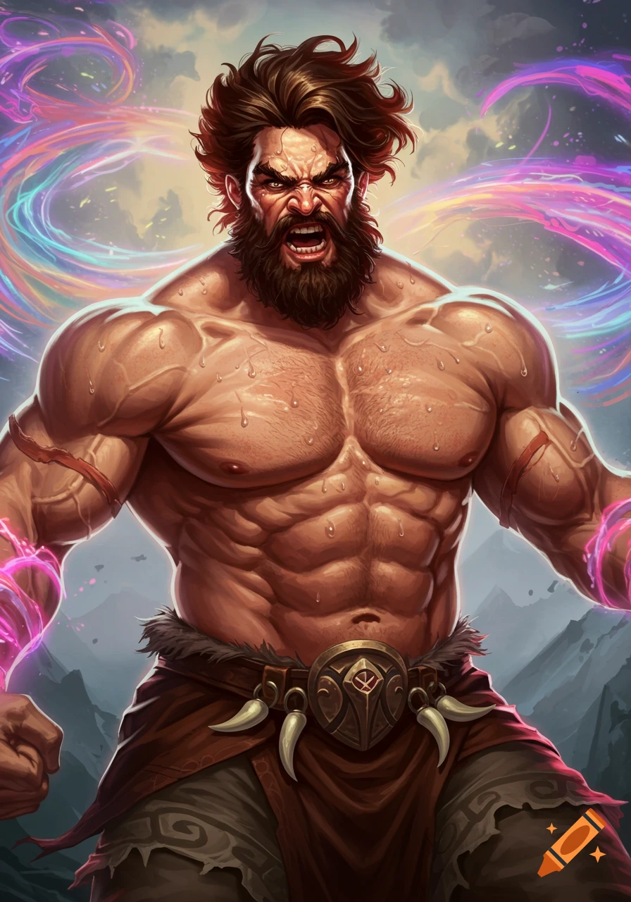 A shirtless, heavily muscled barbarian with a beard, roaring with colorful magic swirling around him in a fantasy art style.