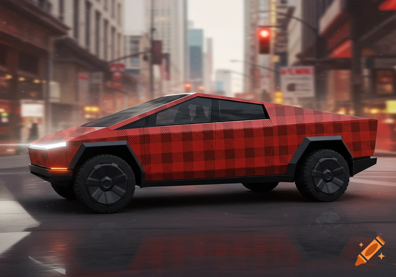 A Tesla Cybertruck wrapped in red and black buffalo plaid drives on a wet city street with blurred buildings in the background.