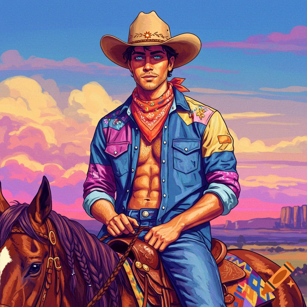 Vibrant illustration of a handsome cowboy with an unbuttoned shirt and abs, riding a horse in a colorful Western landscape at sunset.