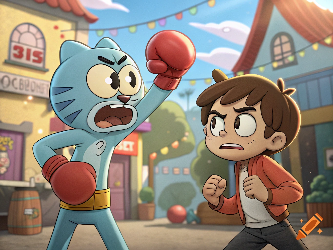 A blue cat-like character wearing red boxing gloves and a brown-haired boy in an orange jacket face off in a cartoon town square.