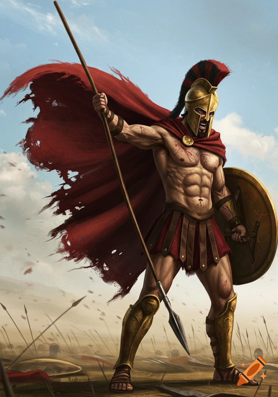 A defiant Spartan warrior with a tattered red cape stands on a battlefield, holding a spear and shield, in a detailed digital painting.