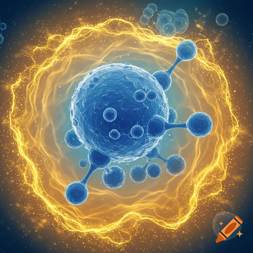 Blue spherical cell or molecule with smaller attached spheres, surrounded by a glowing orange energy field in a microscopic, abstract style.