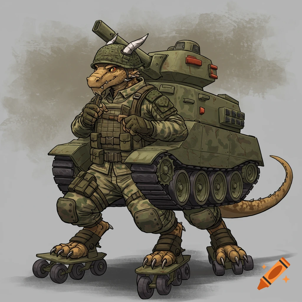 Anthro dragon soldier wearing a tank as a backpack and tank treads as roller skates, in an army camouflage uniform.