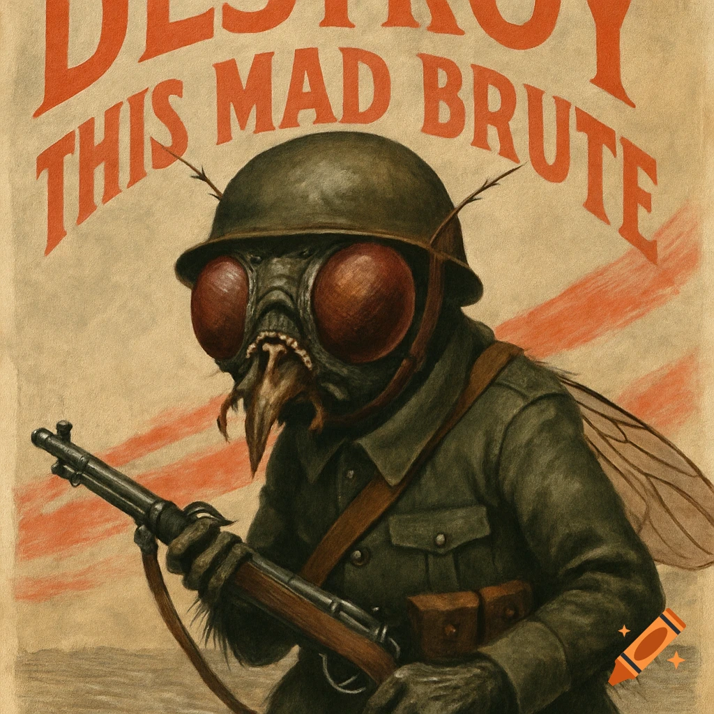 Vintage propaganda poster illustration of a fly-like soldier with a rifle, text reads 'DESTROY THIS MAD BRUTE'.