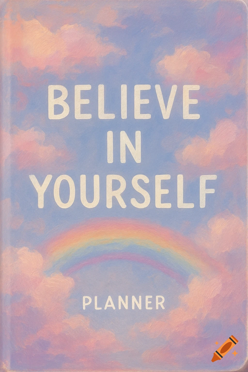 A pastel planner cover with a sky of pink and blue clouds, a rainbow, and the text 'BELIEVE IN YOURSELF' and 'PLANNER'.