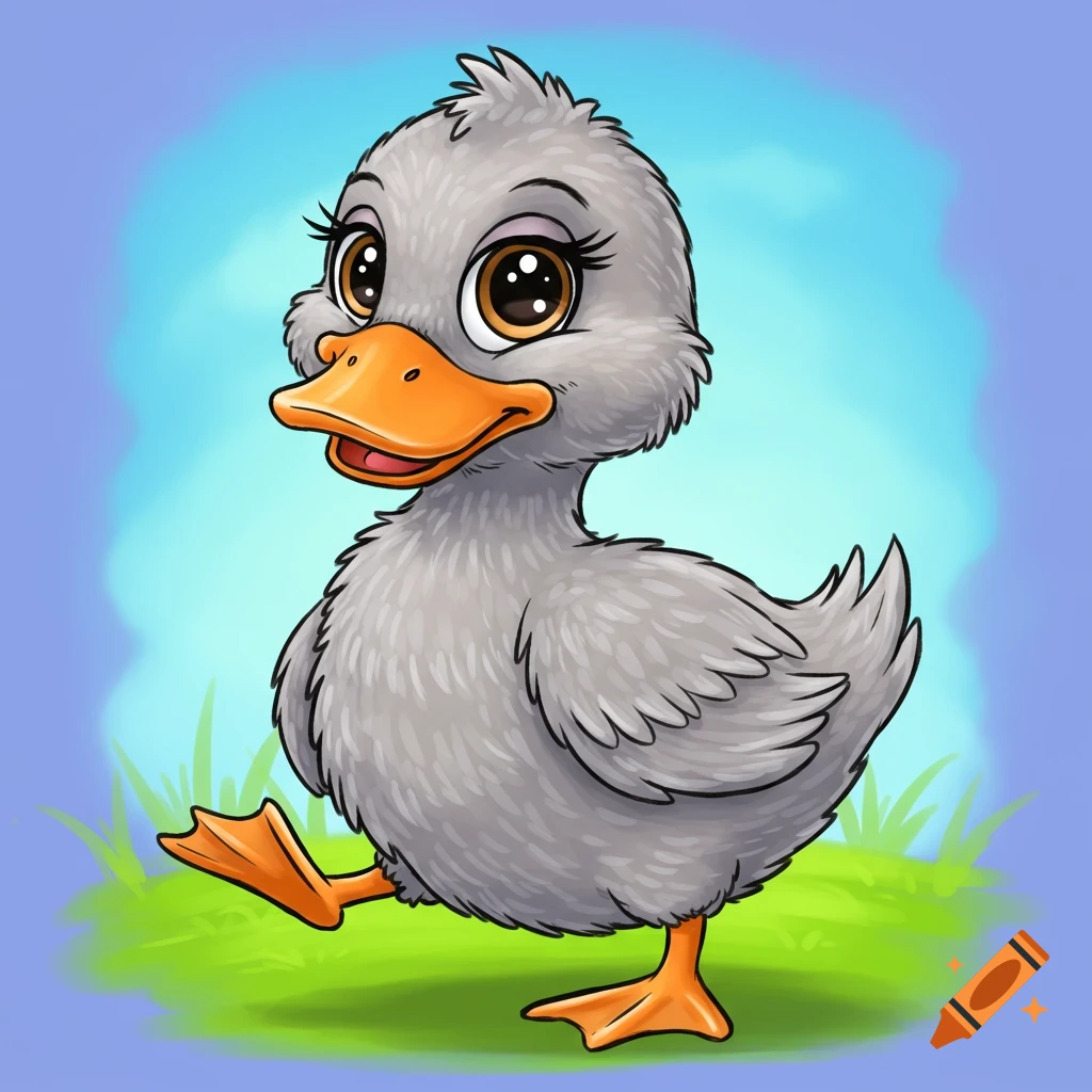A cute gray cartoon duckling with big eyes and an orange beak walks on green grass under a blue sky.