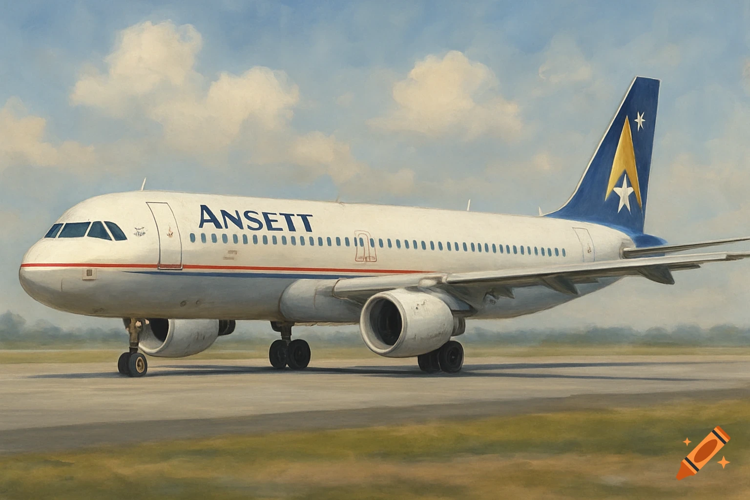 A painterly image of a white Ansett Airbus A321 aircraft on an airfield under a cloudy sky.
