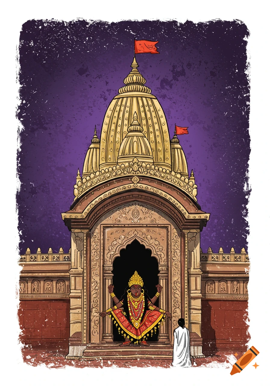 Stylized illustration of a Hindu temple with a multi-armed deity (Kali) statue inside, and a person praying. The temple has a golden dome against a purple sky.