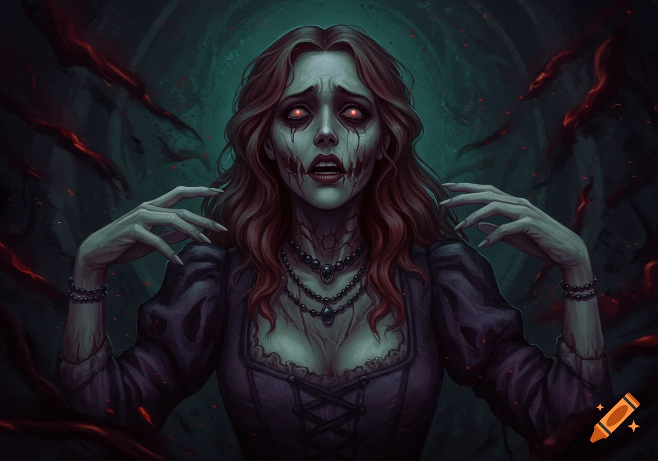 A pale, cursed woman with red eyes and blood on her face, in a dark gothic setting.