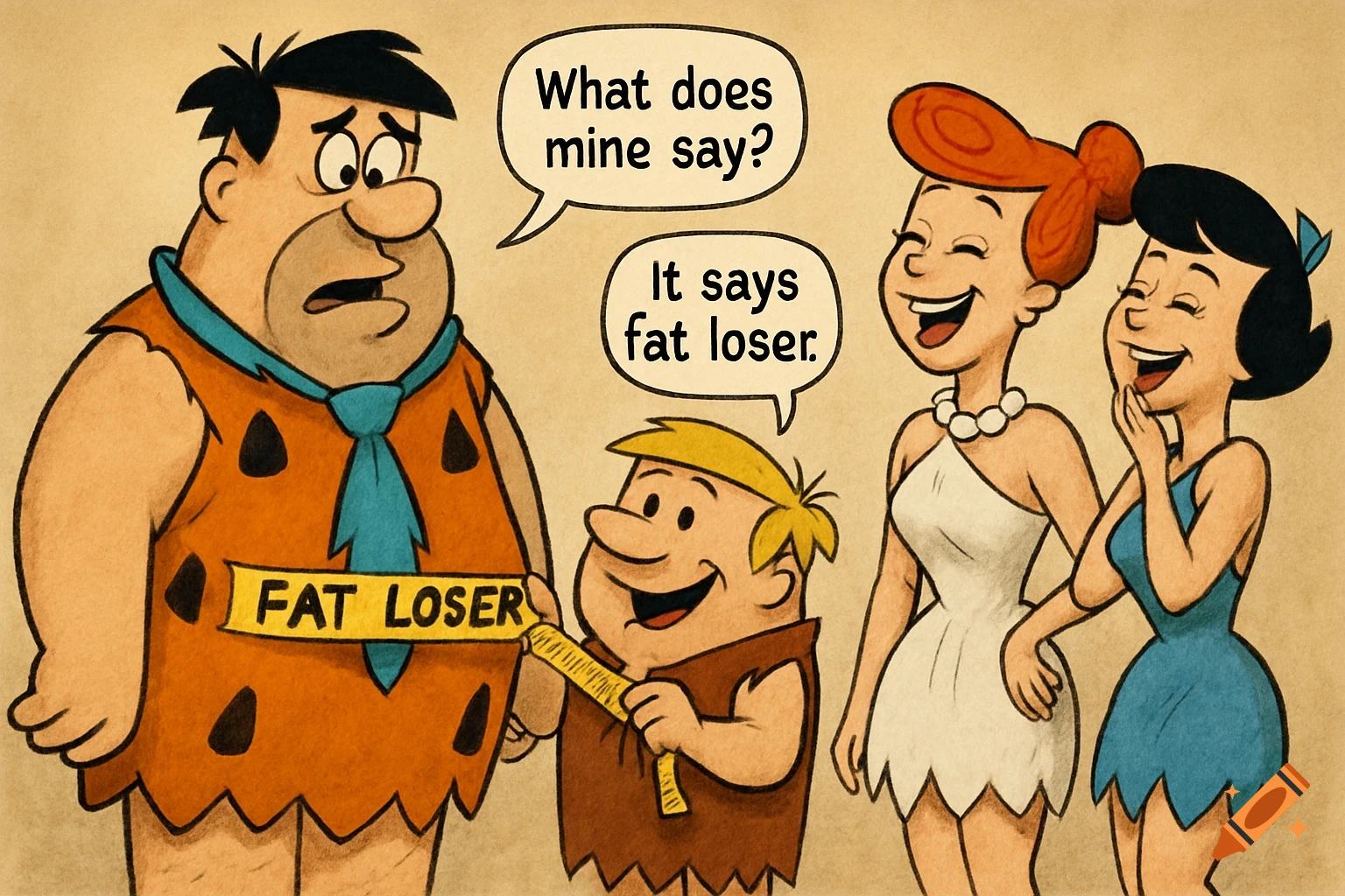 Fred Flintstone looks sad as Barney measures him with a tape that reads "FAT LOSER", while Wilma and Betty laugh.