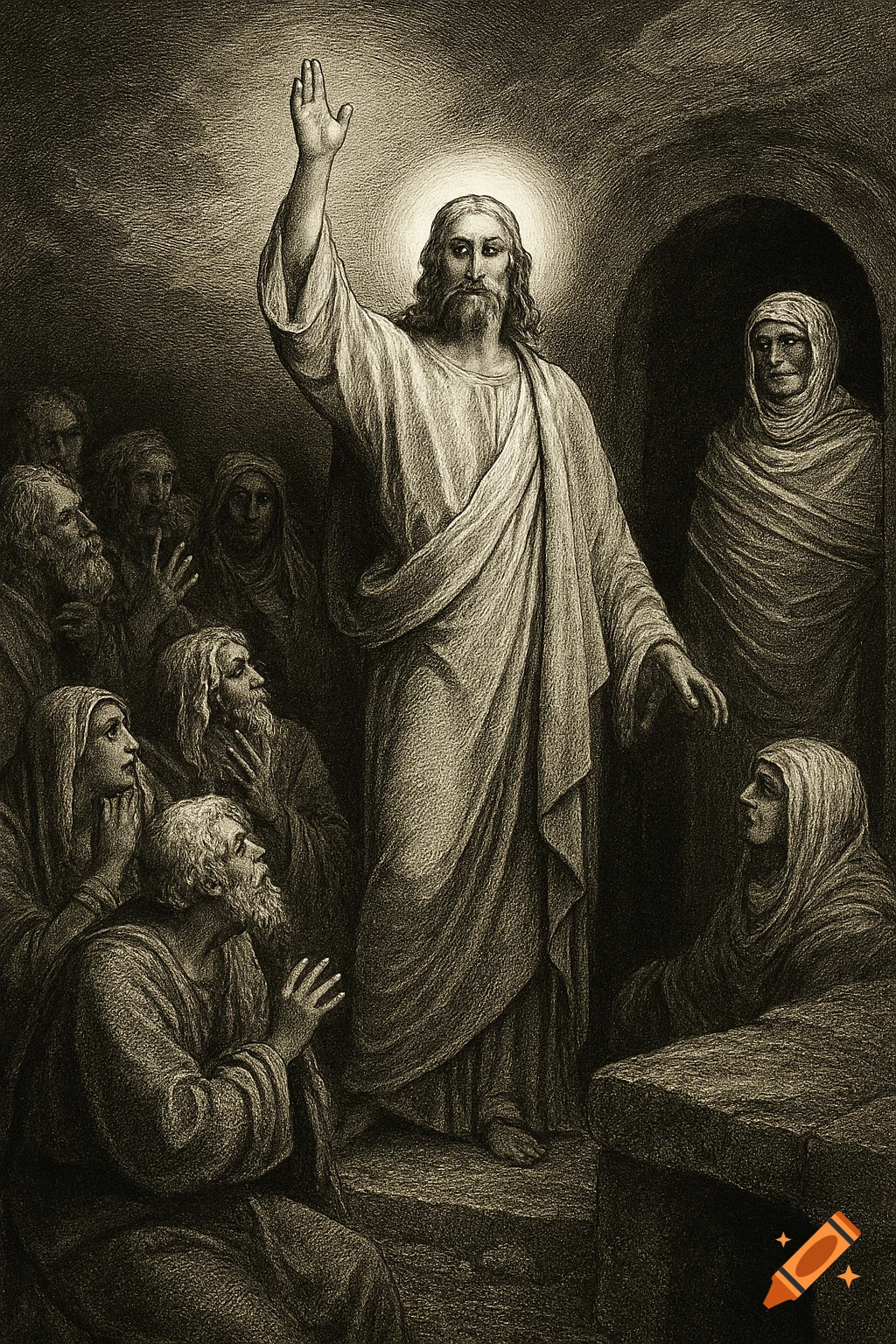 A sepia-toned engraving in Gustave Dor esque style depicts Jesus with a halo, raising his hand, standing before a crowd and a tomb with a figure.