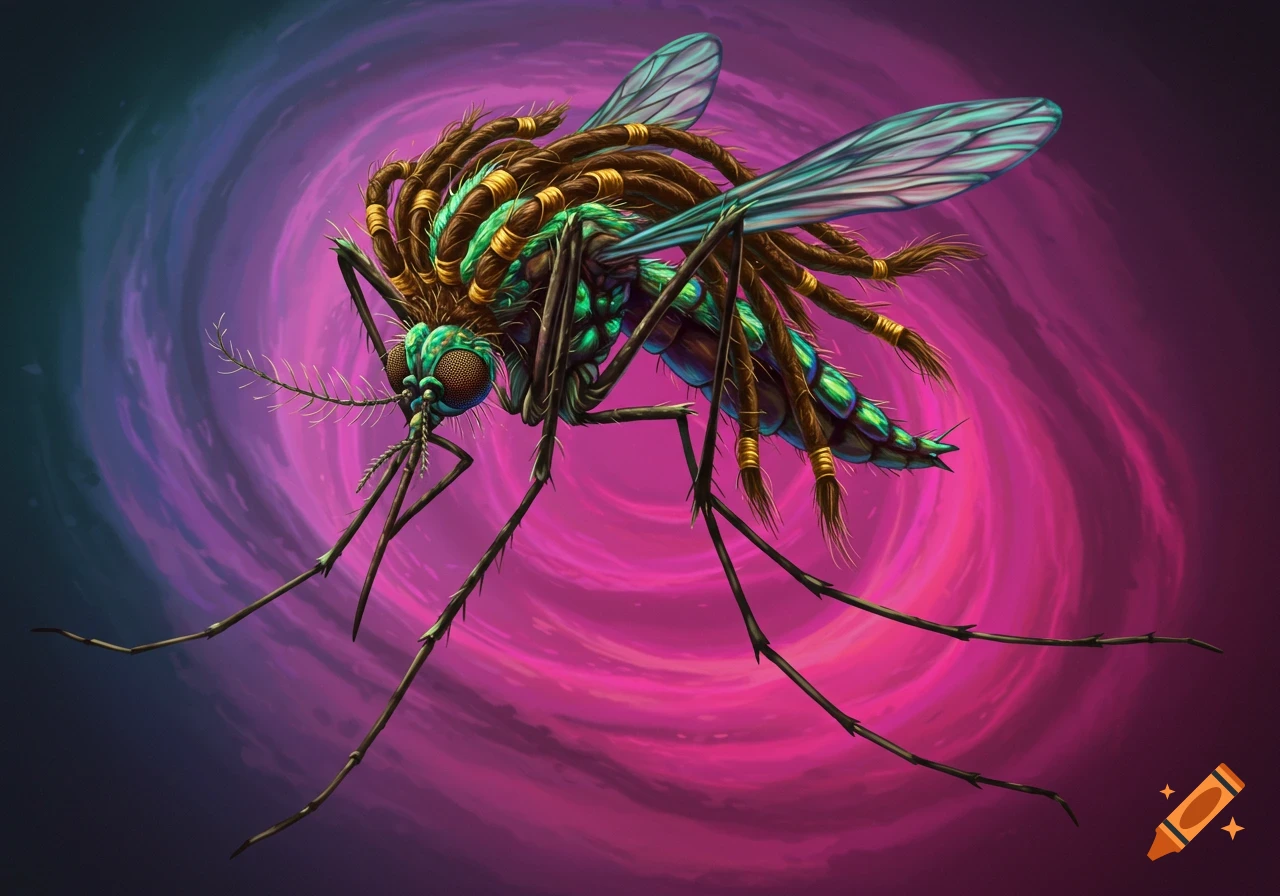 A detailed, stylized mosquito with brown dreadlocks and iridescent green body against a swirling purple and blue background.