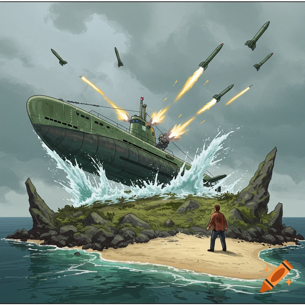 A large green submarine bursts from the ocean near a small island, firing rockets towards a man on the beach. Illustrated.