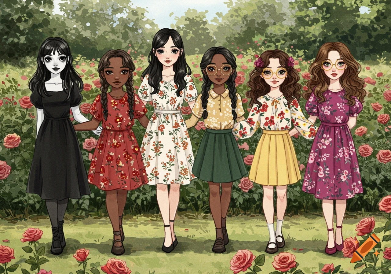 Six diverse girls in various floral dresses stand side by side in a lush rose garden, in a watercolor style.
