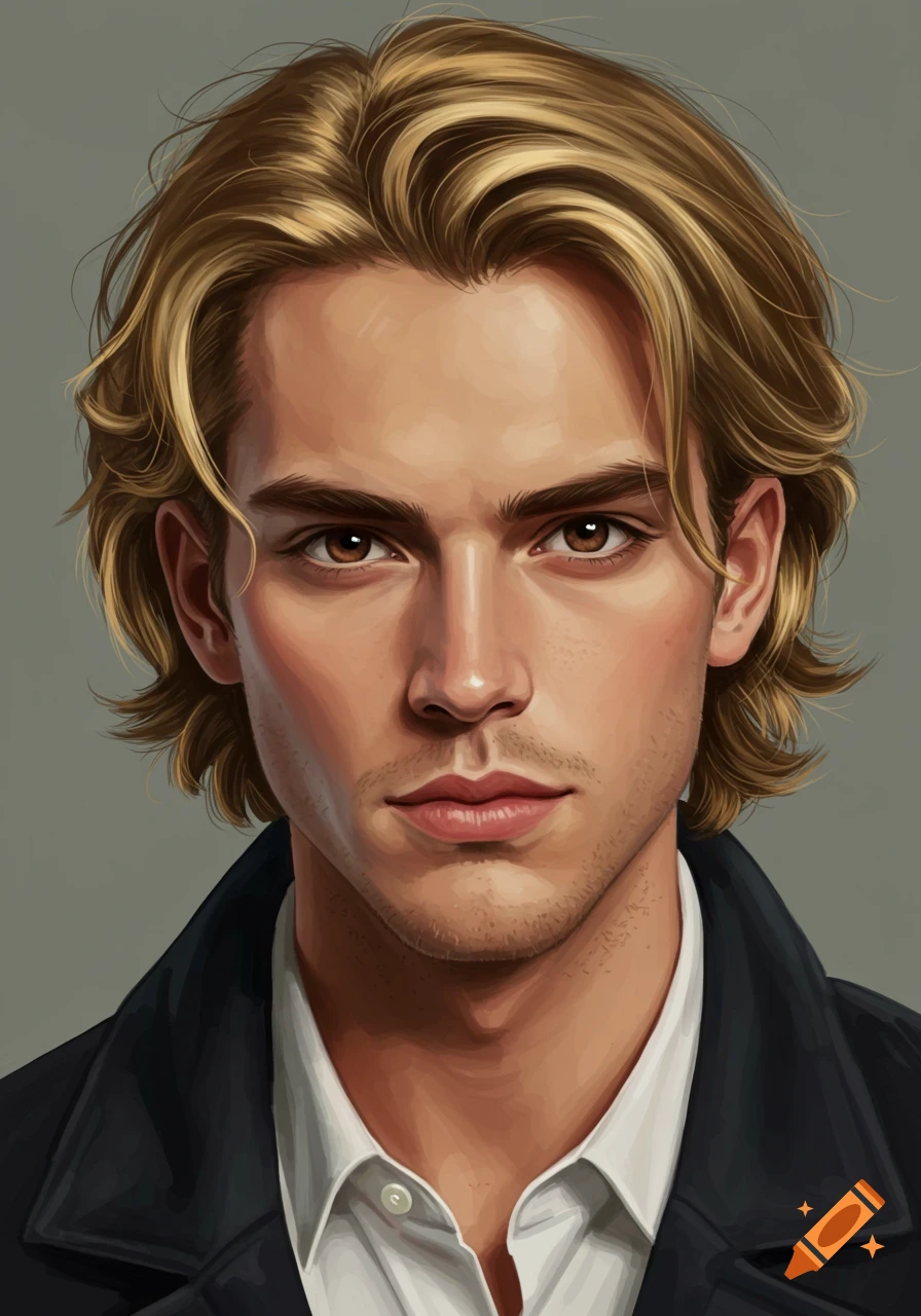 Digital painting of a handsome young man with golden blonde, wavy hair and dark brown eyes, wearing a white shirt and dark jacket.