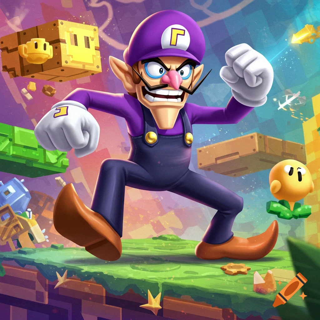 Waluigi, with a purple hat and overalls, runs through a vibrant, blocky video game world filled with floating objects and enemies.