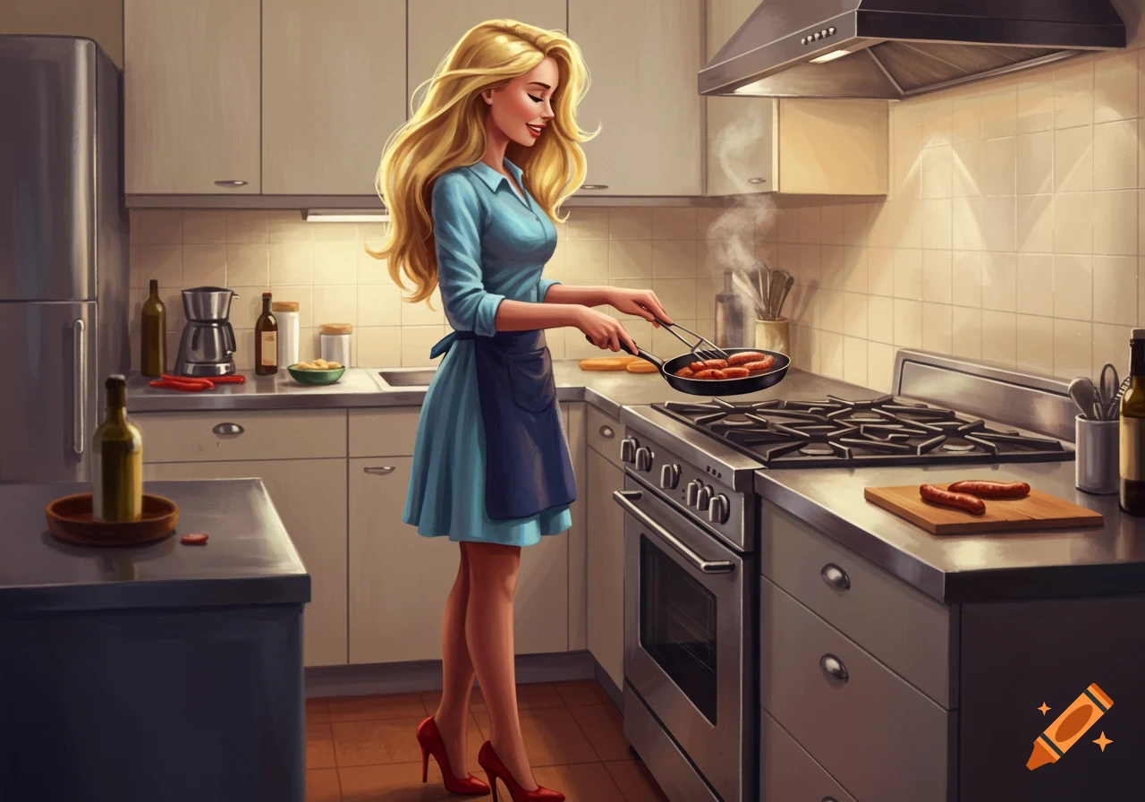 An illustrated woman with blonde hair, wearing a blue dress and apron, cooking sausages in a modern kitchen.