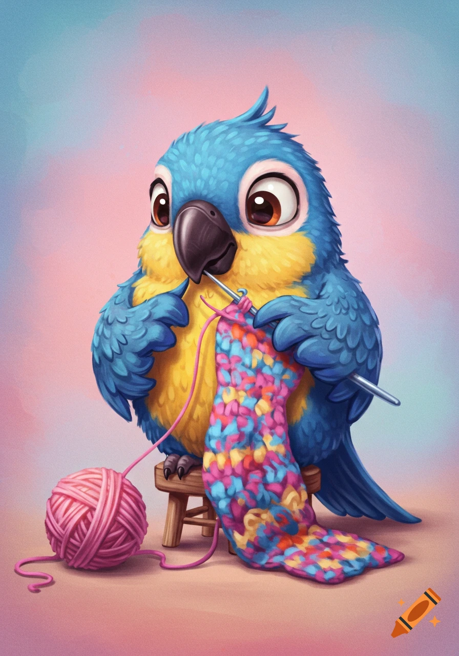 A cute animated blue and yellow parrot sitting on a stool, diligently crocheting a colorful blanket from a pink yarn ball.