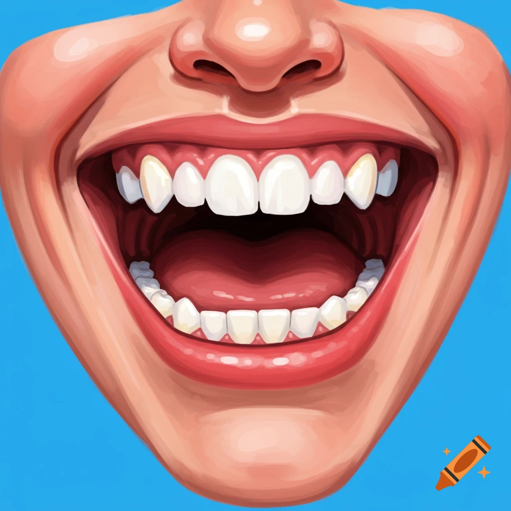 A close-up digital illustration of a wide-open mouth showing a big laugh with white teeth and pink gums against a blue background.