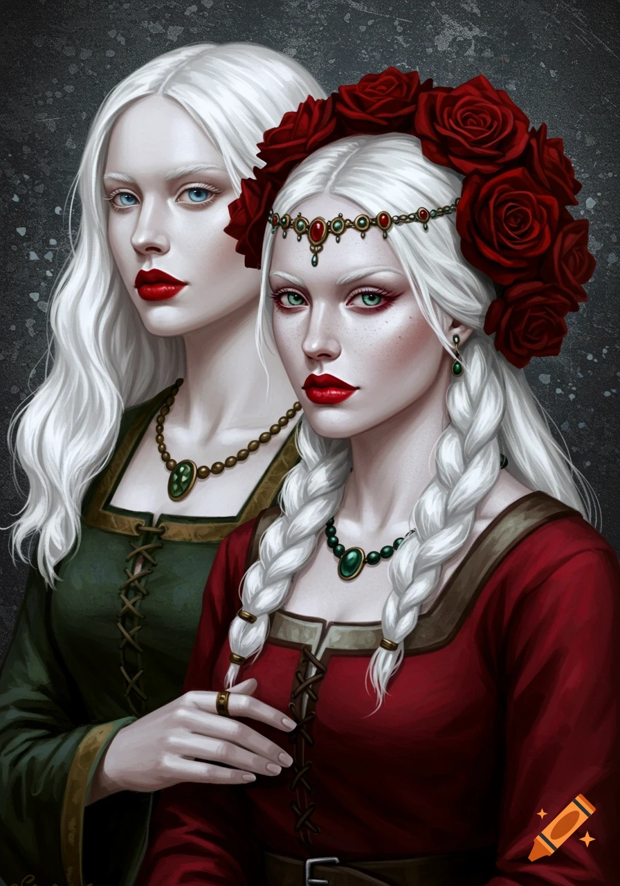 Digital painting of two women with white hair and red lips, wearing 16th-century Germanic dresses and jewelry. One wears a crown of red roses.