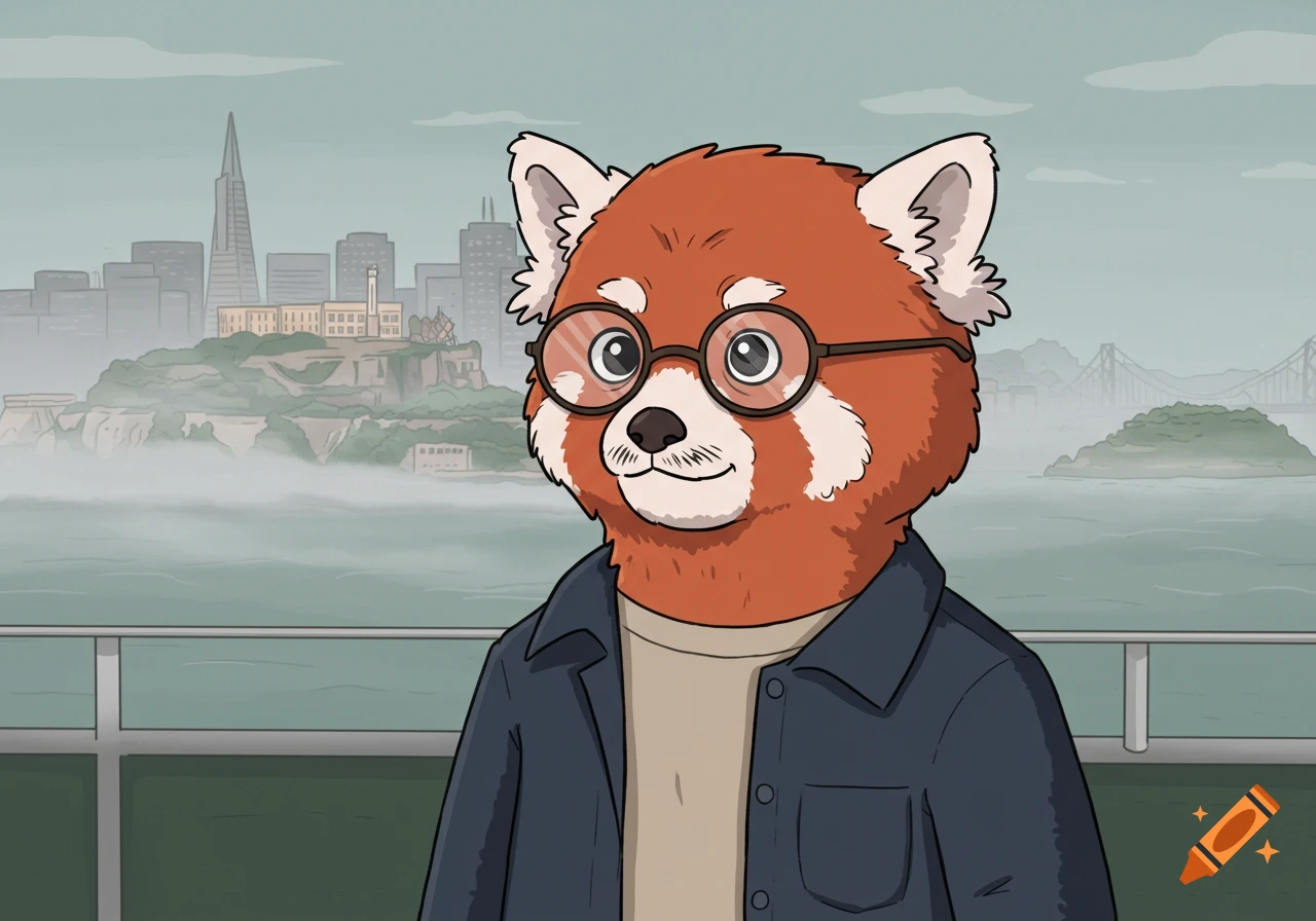 A BoJack Horseman-style cartoon of a red panda wearing glasses and a navy coat on a ferry deck, with the foggy San Francisco skyline in the background.