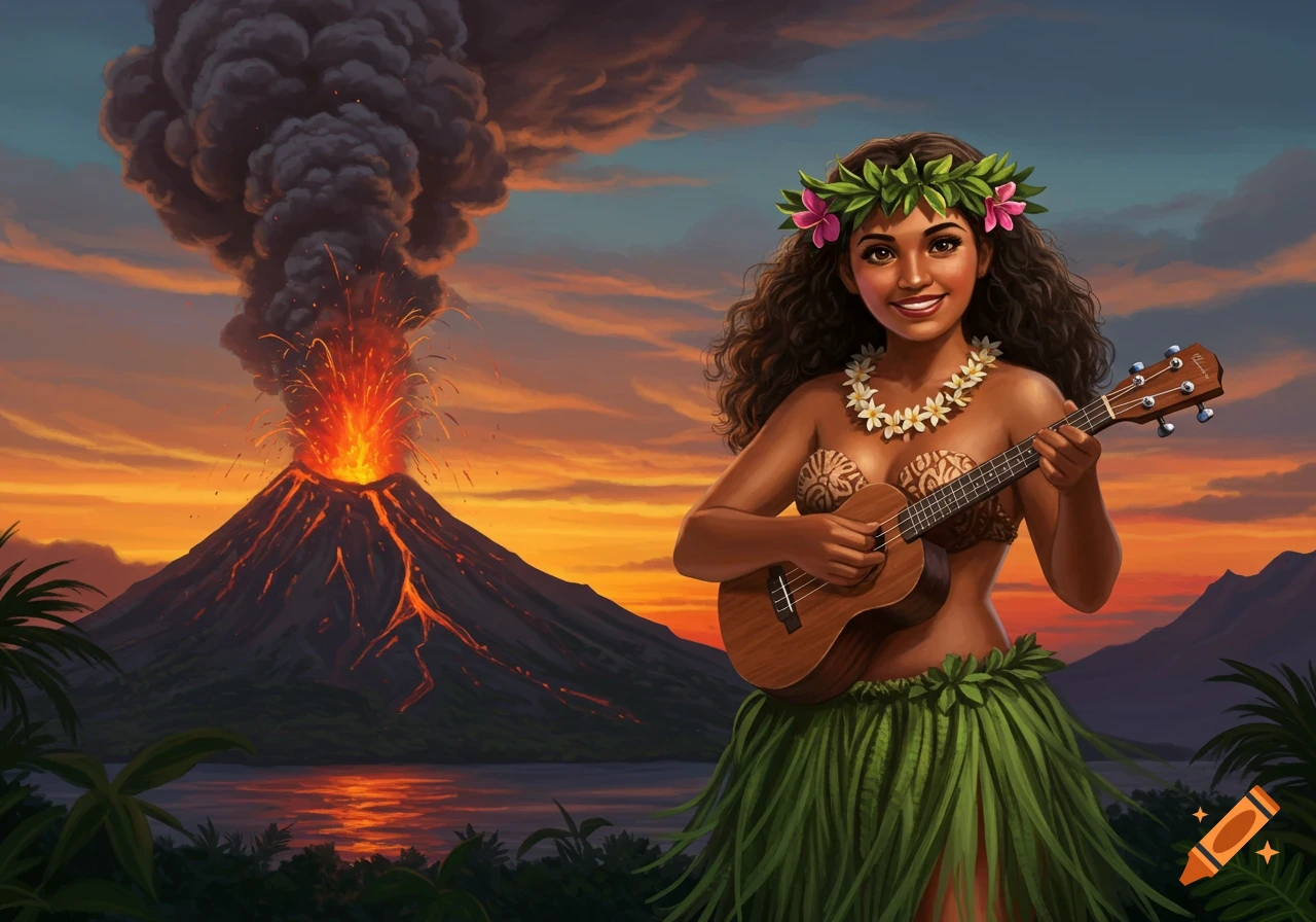 A smiling woman in a grass skirt and lei plays a ukulele with an erupting volcano at sunset in an illustrative style.