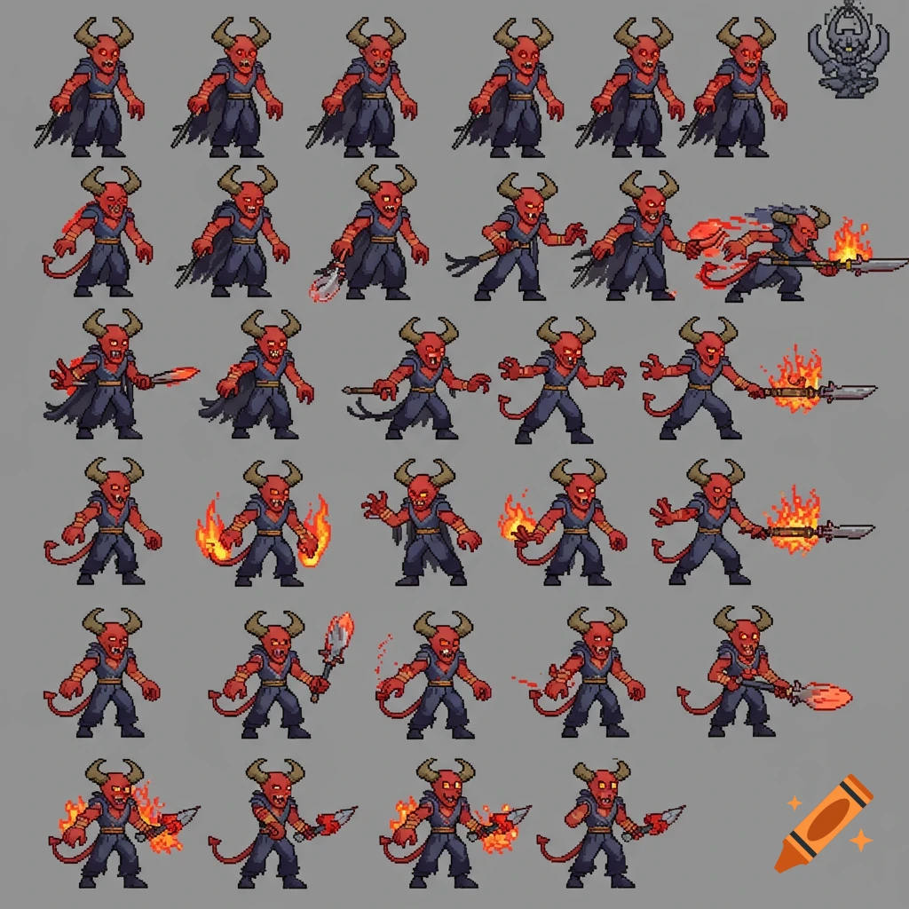 Pixel art sprite sheet featuring a red-skinned, horned demon character in various action poses with weapons and fire effects.