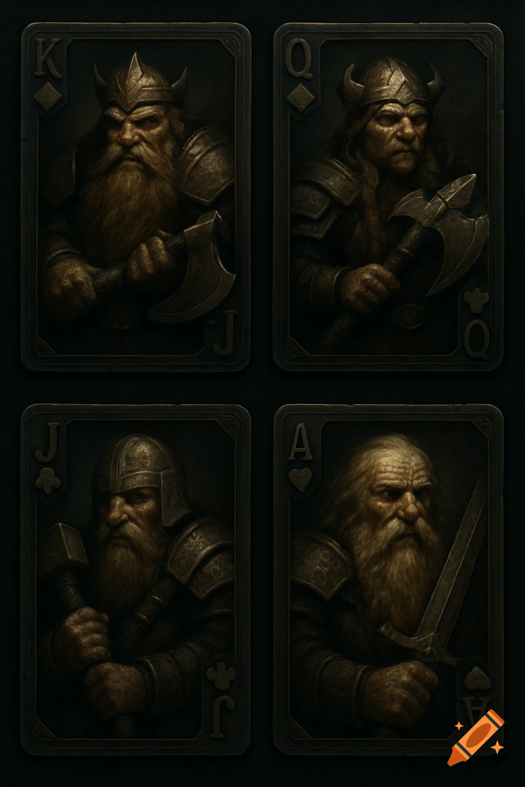 Four dark, stylized playing cards featuring armored fantasy dwarves with weapons, including K, Q, J, and A.