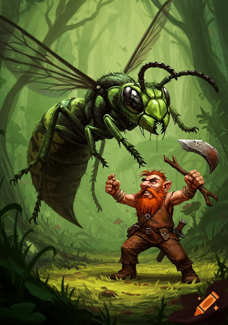 A fantasy illustration of a red-bearded dwarf battling a giant green wasp in a lush forest.