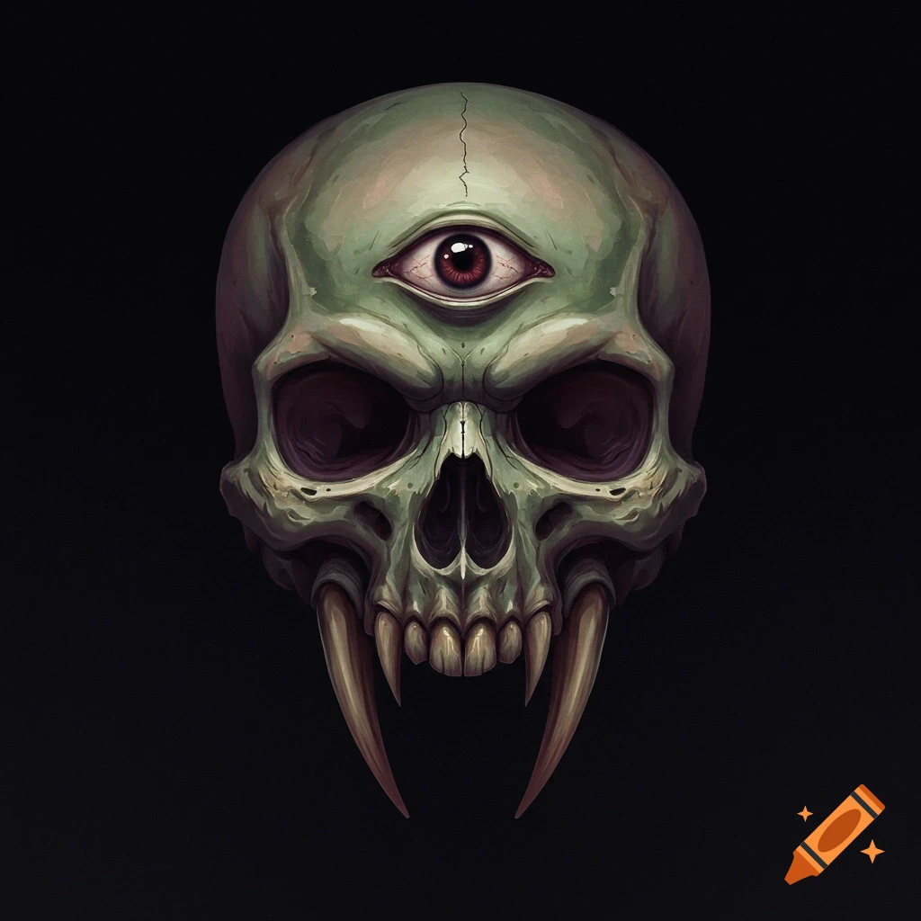 A stylized green skull with a third eye in its forehead and long fangs, on a dark background.