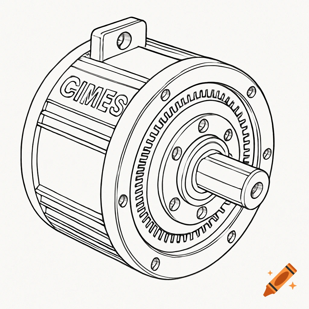 A black and white line drawing of a CIMES rotary motor, featuring gears, a shaft, and a mounting bracket.