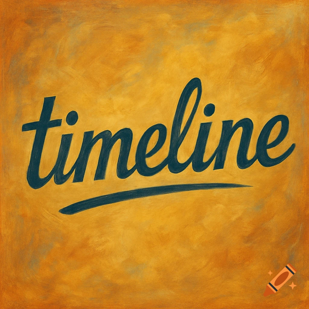 The word "timeline" in dark blue script on a textured, painterly orange and yellow background.